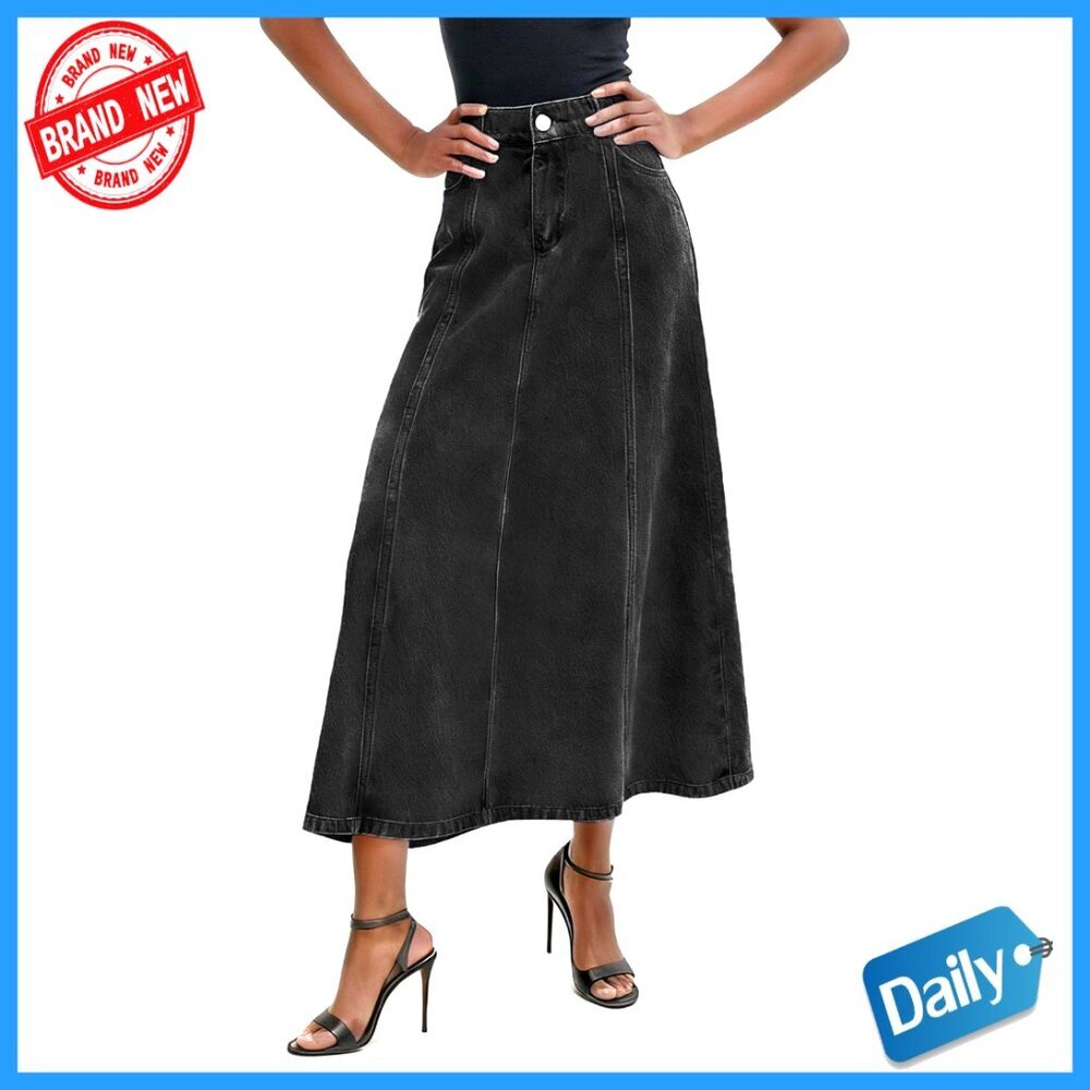 Stretch High Waisted Denim Maxi Skirt A-Line with Pockets